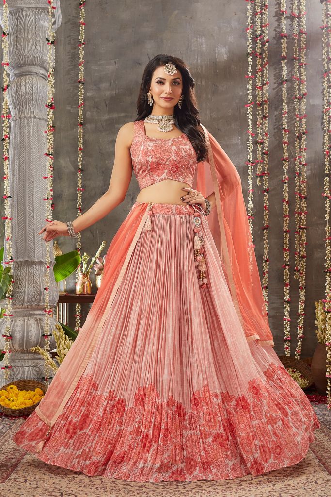 Peach Pearl Sequins Embroidered Crepe Party Wear Lehenga-NG2818