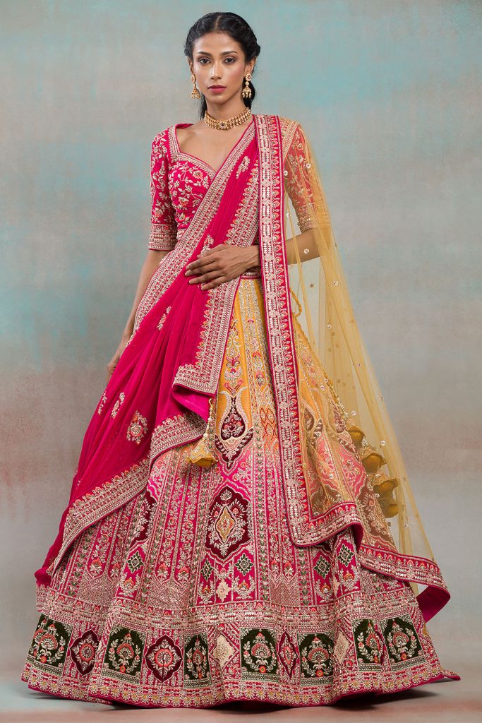 Pink & Yellow Ombre Sequins Embroidered Raw Silk Bridal Lehenga With Double Dupatta-NG3793