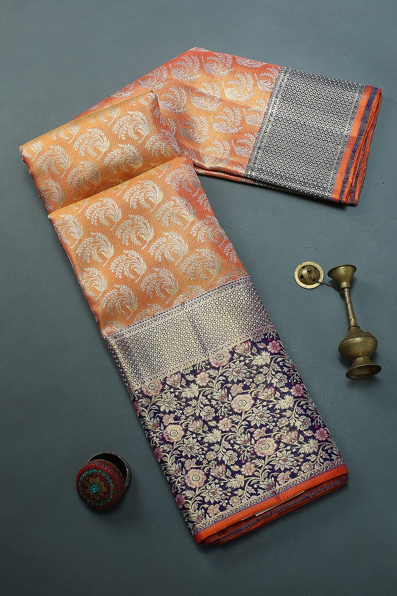 Orange & Gold Dual-Tone Zari Woven Kanchipuram Tissue Saree