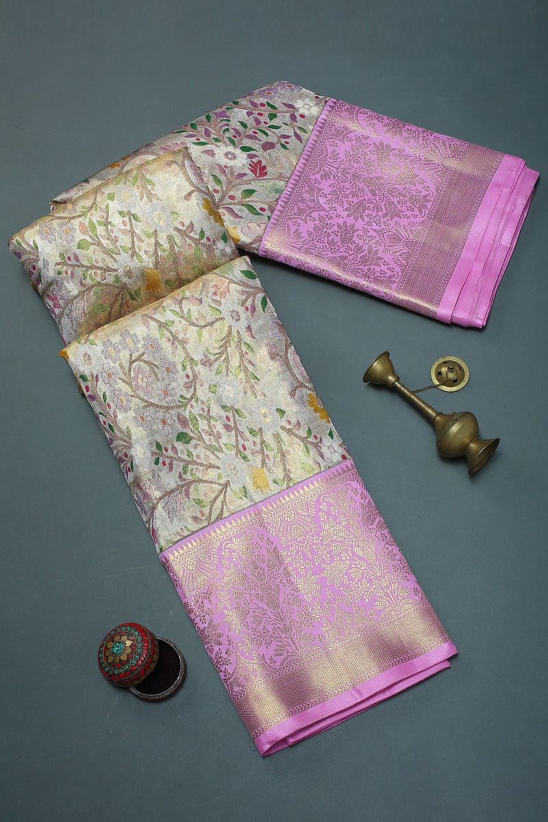 Beige & Gold Dual-Tone Zari Woven Kanchipuram Tissue Saree
