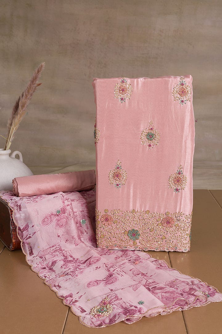 Blushing Bride Pink Resham Embroidered Crepe Unstitched Salwar