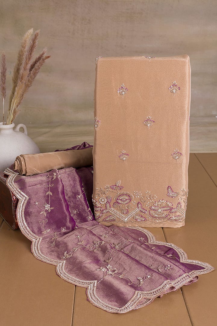 Pink Beige Sequins Embroidered Tissue Organza Unstitched Salwar