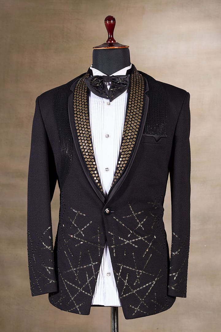Black Bead Embroidered Terry Rayon Tuxedo Suit
