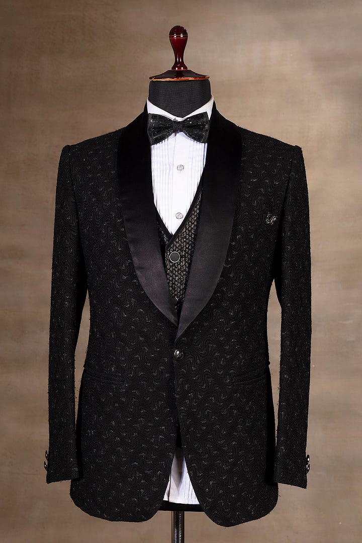 Black Cutdana Embroidered Silk Tuxedo Suit