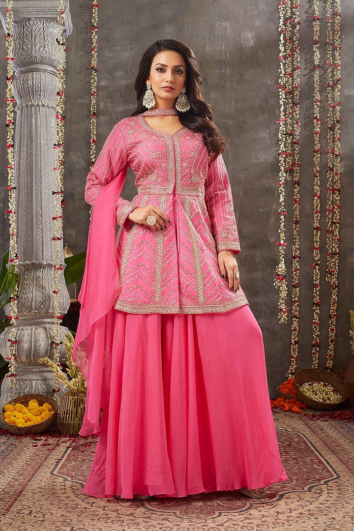 Coral Paradise Pink Zardosi Embroidered Silk Palazzo Suit
