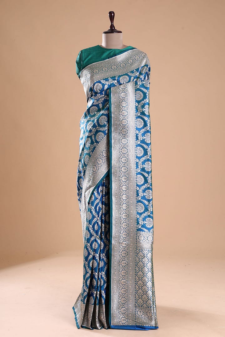 Blue & Green Dual-Tone Zari Woven Banarasi Silk Saree