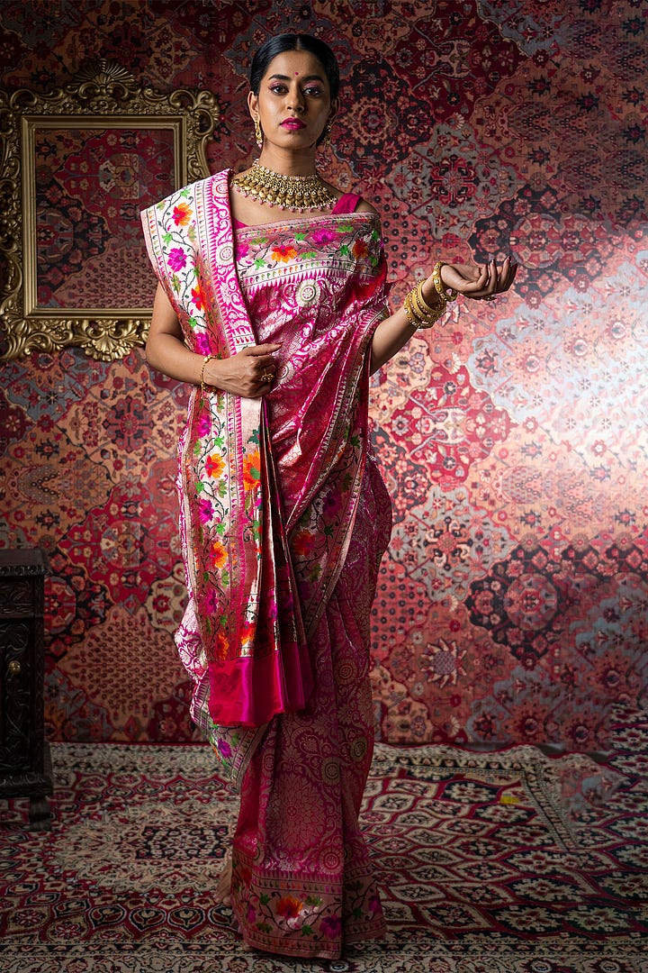 Pink & Red Dual Tone Zari Woven Banarasi Silk Saree
