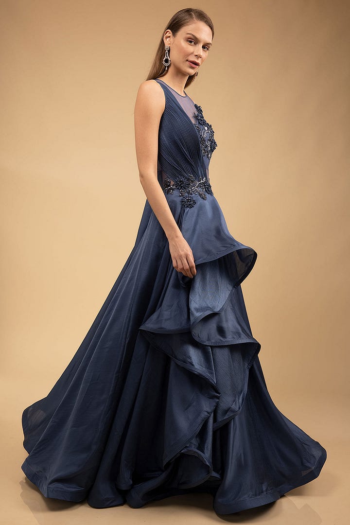Steel Blue Sequins Embroidered Satin Evening Gown
