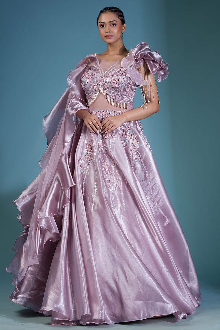 Fragrant Lilac Sequins Embroidered Glass Tissue Indowestern Gown