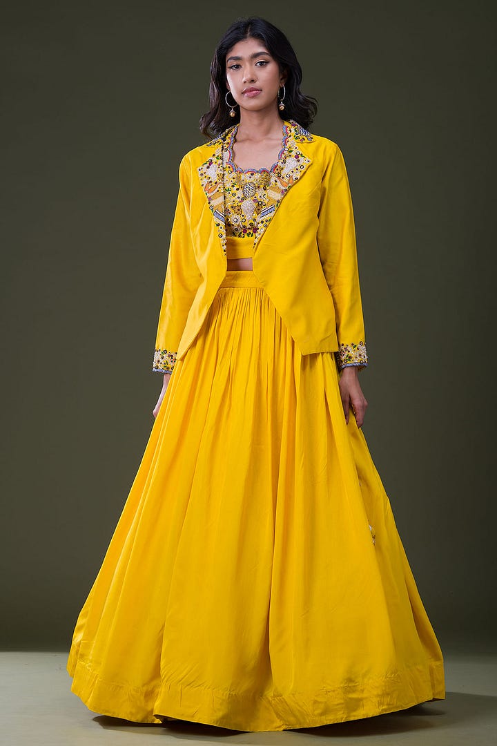 Amber Yellow Bead Embroidered Silk IndoWestern Lehenga