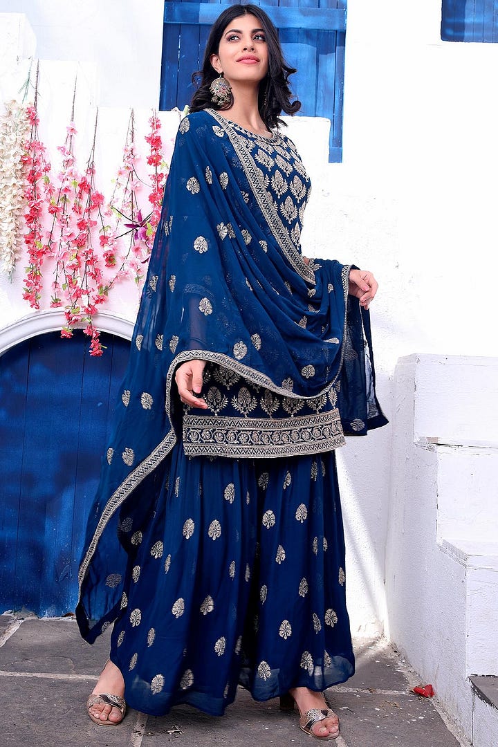 Teal blue Sequins Embroidered Georgette Party Wear Salwar Kameez