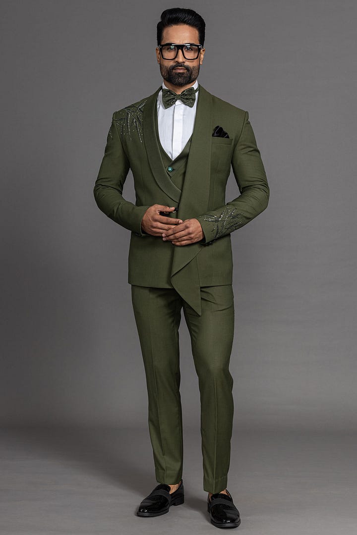 Olive Green Sequins Embroidered Italian Tuxedo Suit