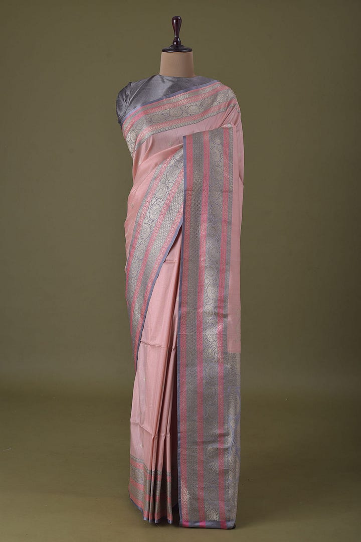 Dusty Pink Zari Woven Banarasi Tussar Silk Saree
