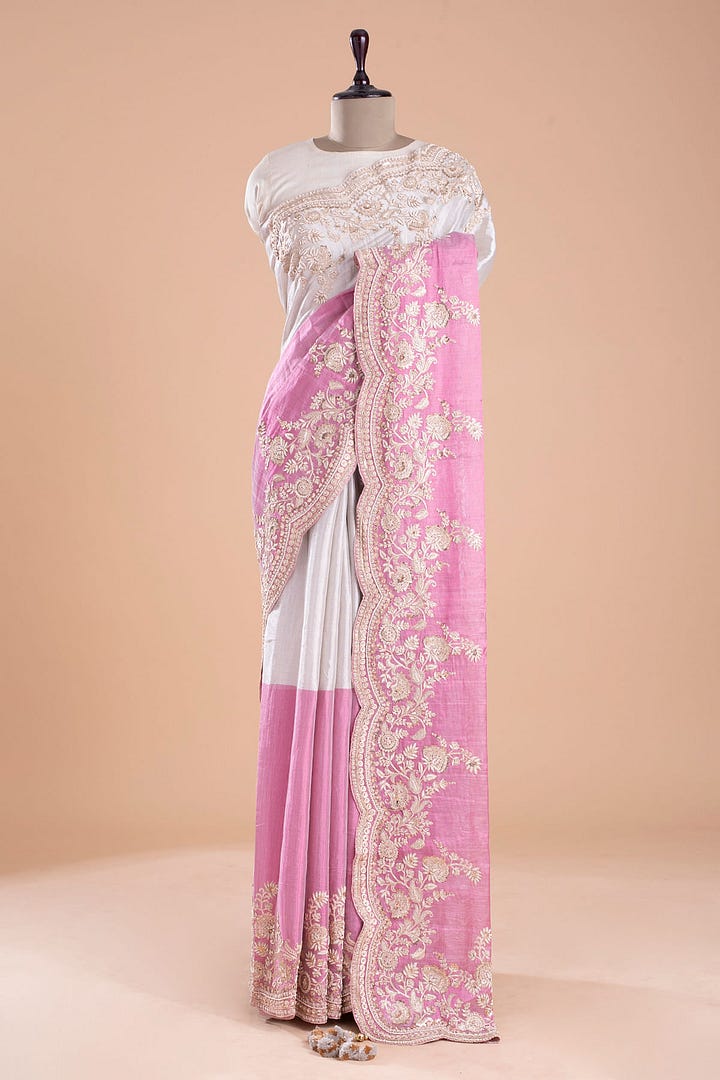 Pink & White Sequins Embroidered Kanchipuram Tissue Saree
