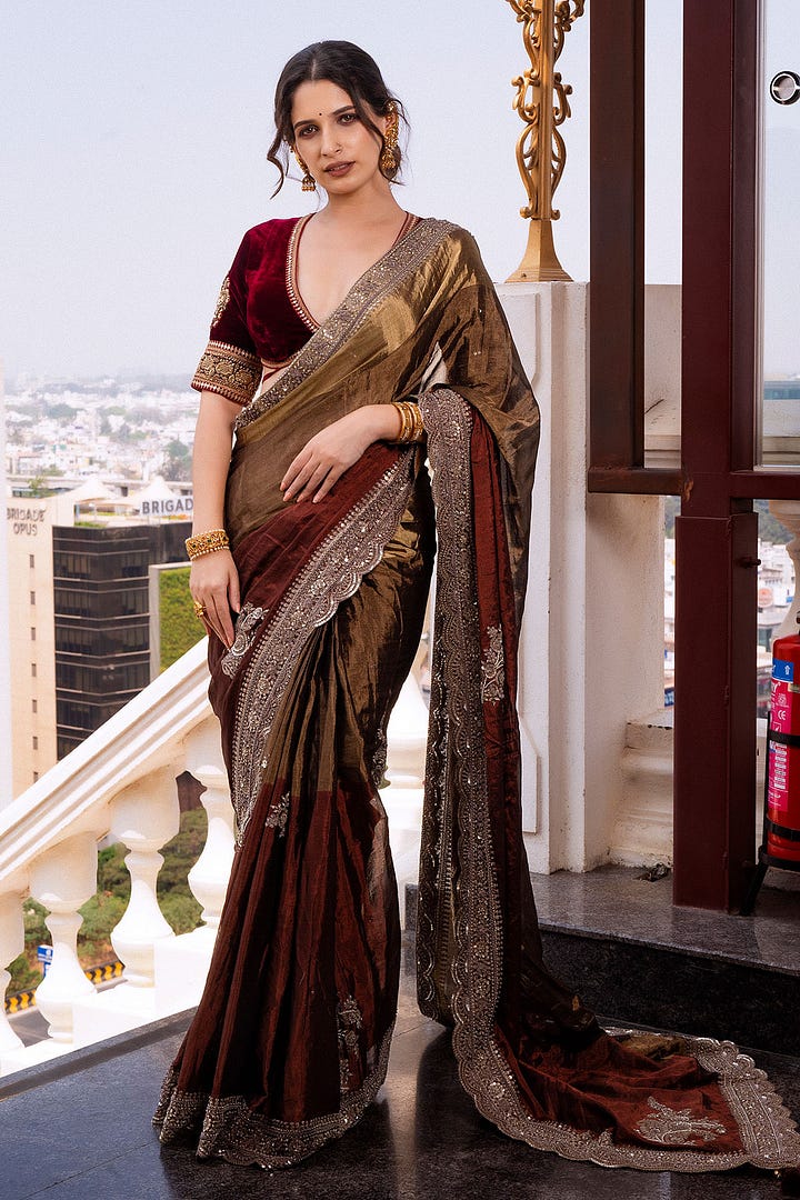 Thejaswini Sharma Dazzles in Brown & Gold Sequins Embroidered Kanchipuram Tissue Saree